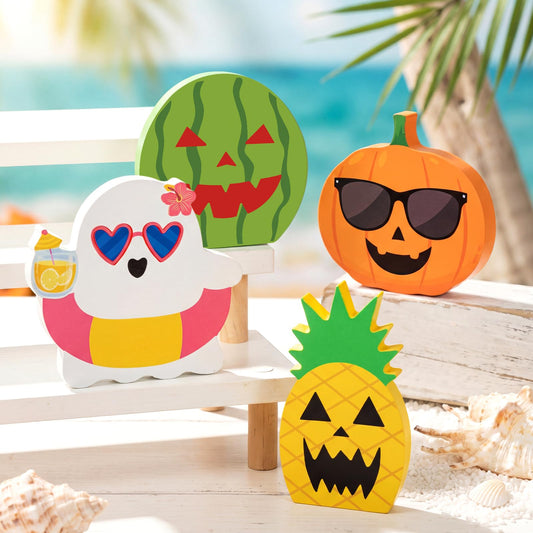 Kathfly 4 Pcs Summer Tiered Tray Decor Tropical Wooden Table Signs Spring Hawaii Ghost Pumpkin Watermelon Pineapple Decorative Trays for Halloween in Summer Shelf Desk Display Party Gifts