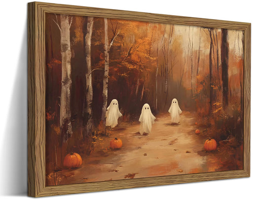 Vintage Halloween Wall Art, Cute Gothic Ghost Pumpkin Canvas Wall Decor Paintings, Spooky Fall Forest Landscape Aesthetics Posters Print Pictures for Living Room Bathroom 12x16 Inch Framed