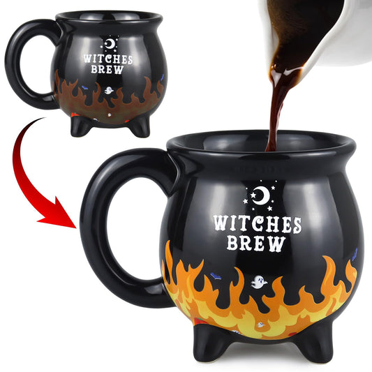 RAISLY Witch Brew Cauldron Coffee Mug, 300ml/10oz Heat Flame Color Changing Beverage Mugs, Adorable Sorceress’s Potion Themed Water Cups, All-Season Drinkware, Ideal for Birthday and Halloween