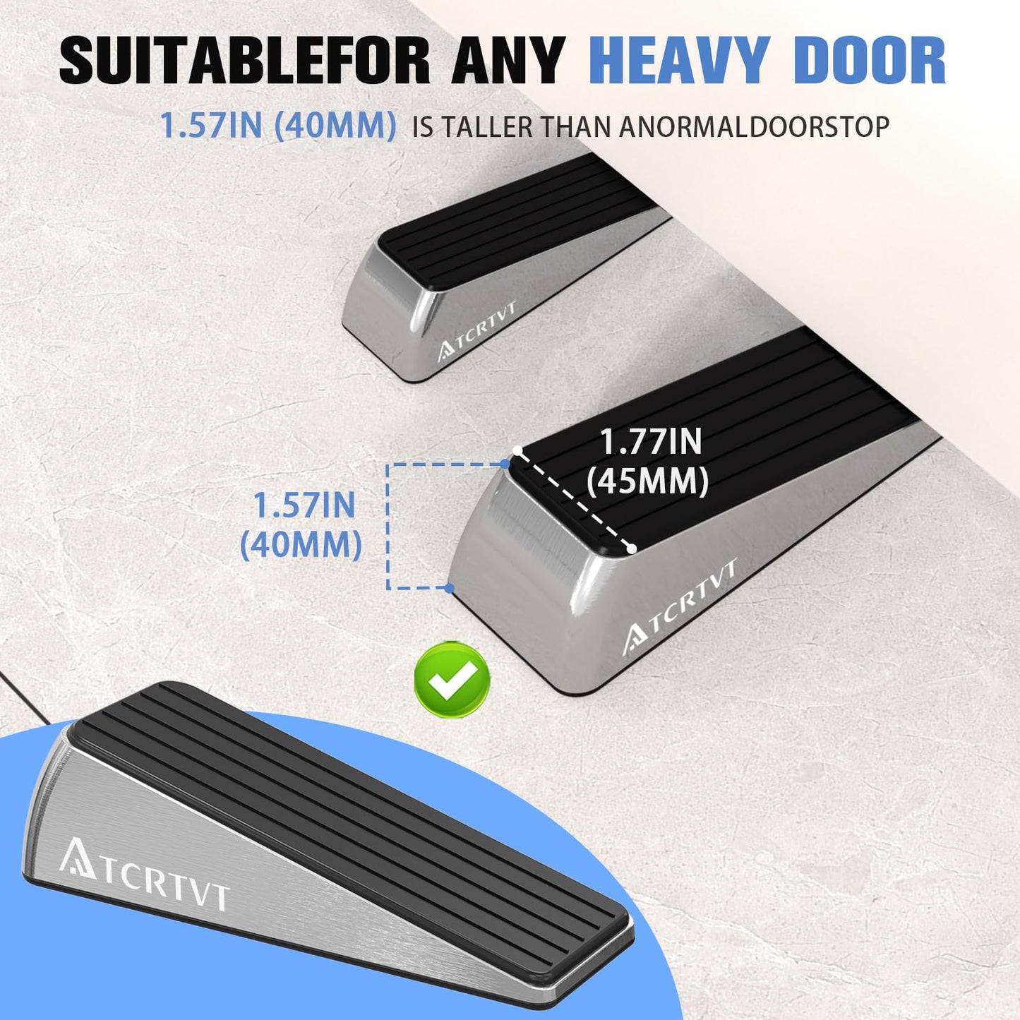 Heavy Duty Door Stopper Wedge - 2 Pack Big Size Door Stop Wedge Made of Aluminum Alloy Metal Suits Any Door, Any Floor with Set of 2 Plus Self-Adhesive Holder Satin Nickel Large Version
