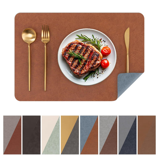 SHACOS Faux Cowhide Leather Placemats Set of 6, Wipeable Water Heat Resistant Place Mats, Stain Resistant Table Mats for Dining Table Kitchen Decor, Brown Blue