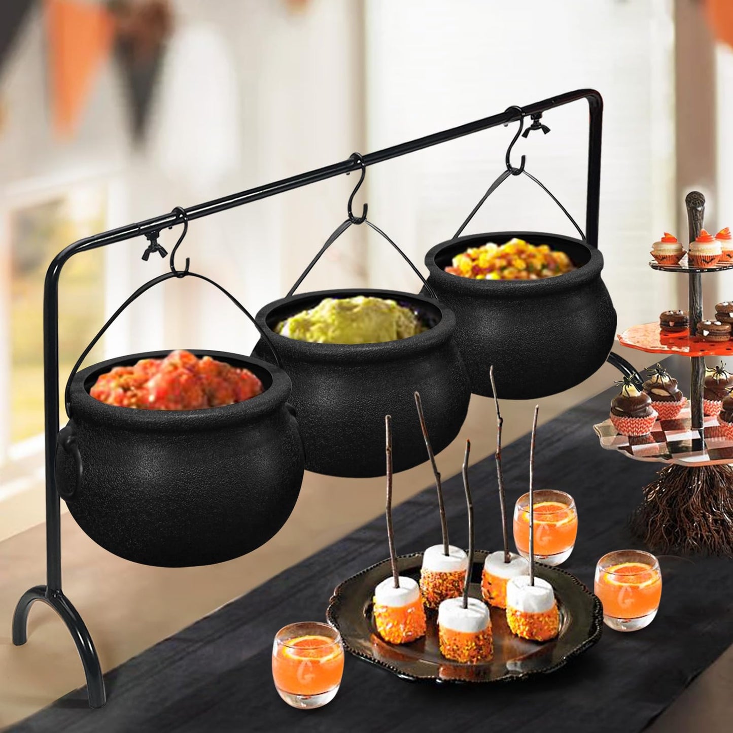 ORIENTAL CHERRY Halloween Decorations Indoor - Set of 3 Witches Cauldron Serving Bowls on Rack - Halloween Party Decorations Halloween Candy Bowl Black Plastic Cauldron for Home Kitchen Decor