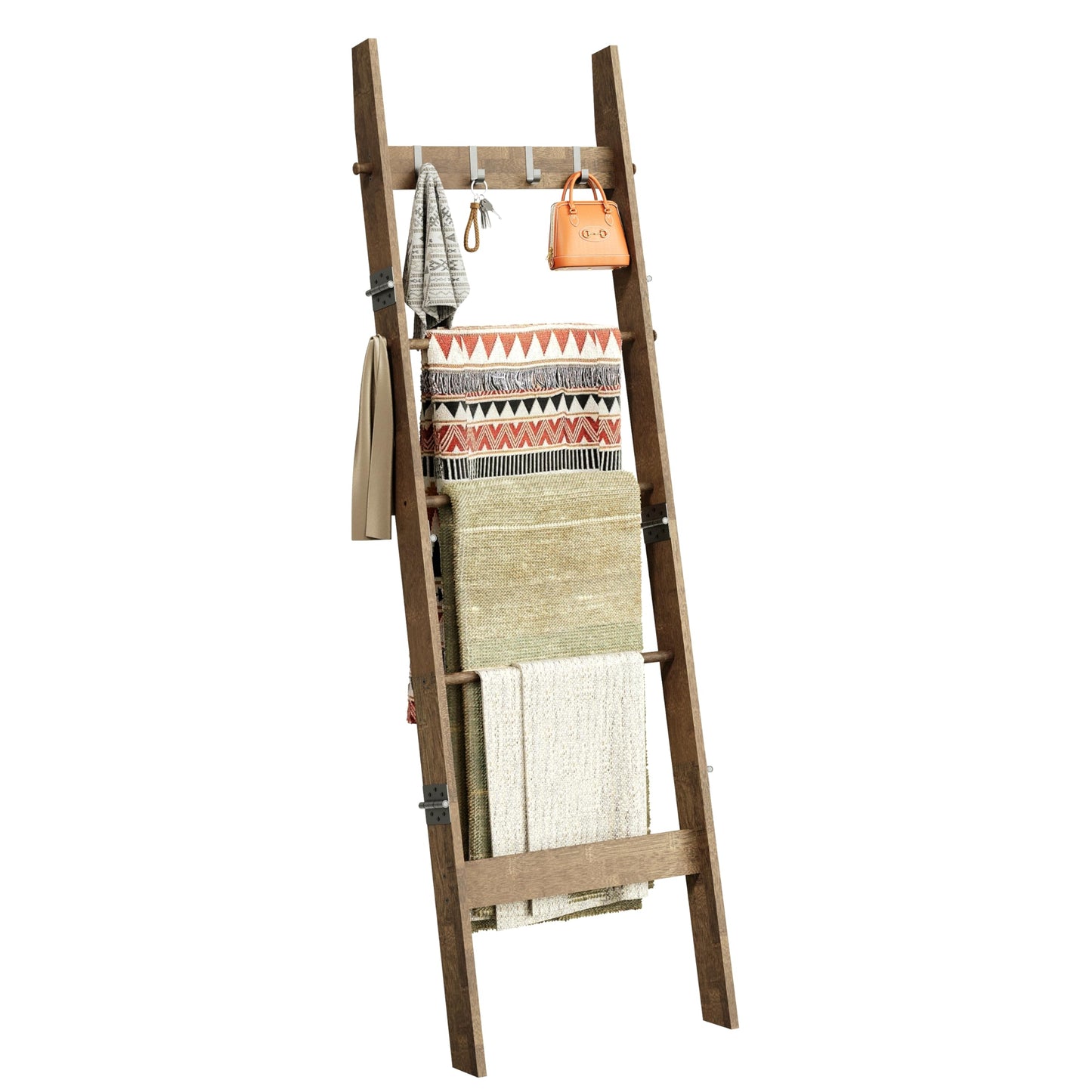 HonyQiShuo 5-Tier Bamboo Ladder Shelf, Farmhouse Style Blanket Ladder, Rustic Decorative Ladder with 4 Removable Hooks, Brown
