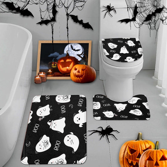 Britimes Halloween Cute Ghost Bathroom Rug Set of 3, 3 Pieces Bath Mats Set, Black Funny Horror No Silp Washable Cover Floor Rug Decorations for Kitchen Bathroom Bedroom