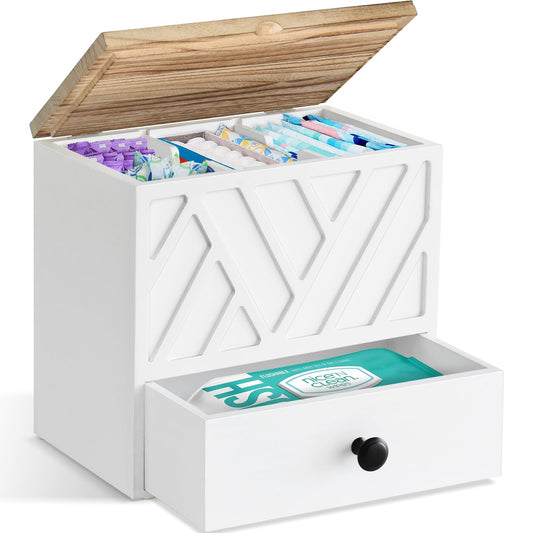Tampon Holder for Bathroom Decor, Feminine Product Organizer with Lid and Drawer, Shark Week Tampon Storage, Wood Pad and Tampon Organizer for Toilet Organizer, Bathroom Accessories Box for Girl Stuff