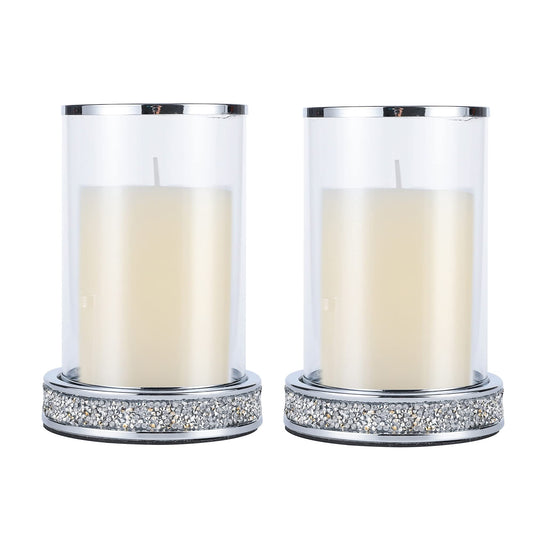 Pillar Candle Holders set of 2,Hurricane Candle Holders for Pillar Candle,Glass Candle Holder for Coffee Dining Table, Wedding, Christmas, Halloween, Home Decoration,Silver Candle Holders
