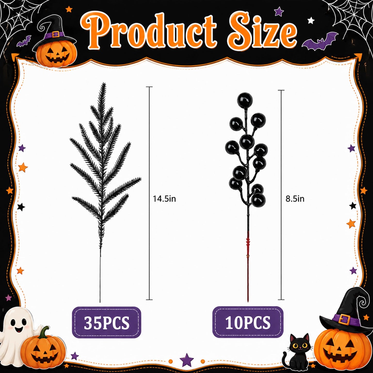 Watayo 45 Pcs Halloween Artificial Tree Branches Set, Black Norfolk Pine with Berry Picks, Halloween Fake Stems Centerpiece for Vase Garland Table Party Decor