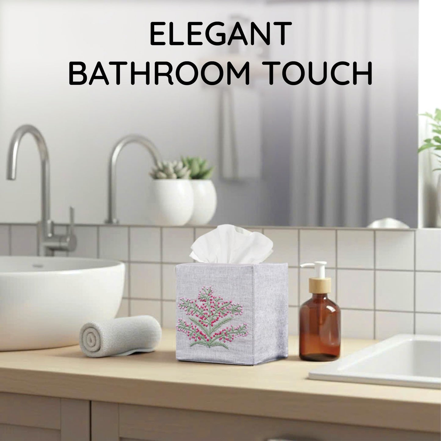 EmbroideryLinen.VN Cloth Tissue Box Cover Cute Set of 2, Square Linen Tissue Holder with French Knot Hand Embroidered Flowers Pattern, Home, Office, Kitchen Decor, 4.5x4.5x5.5 Inches (Grey)
