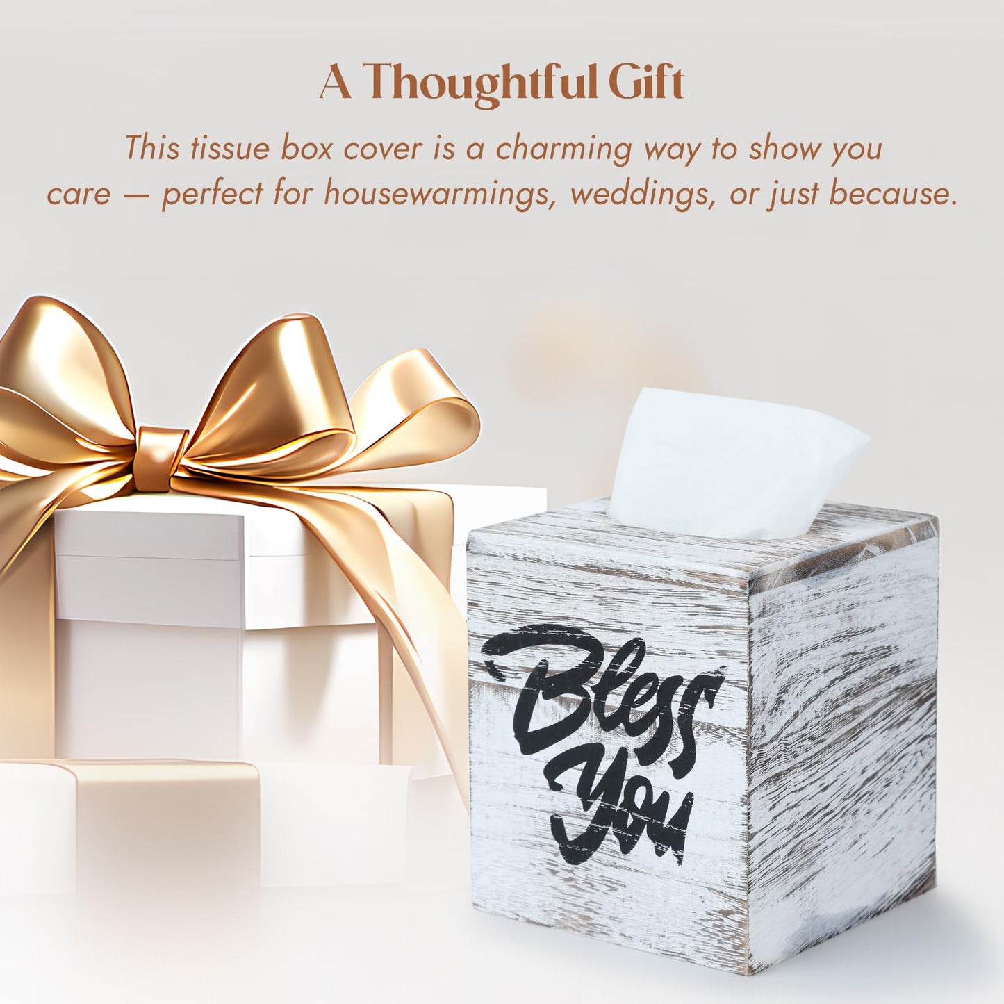 Wood Tissue Box Cover, Square Bless You Tissue Holder, Decorative Tissue Dispenser for Bathroom, Living Room, Dining Table, 5.3" L x 5.3" W x 6.1" H