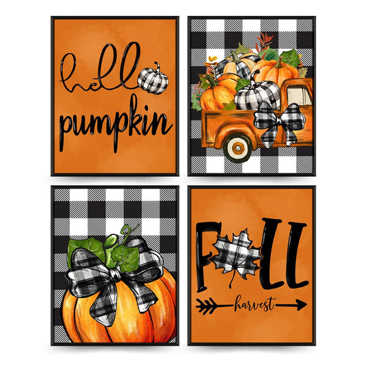PLKMN Fall Wall Decor Set of 4, Thanksgiving Buffalo Check Pumpkin Truck Orange Decor, Fall Pictures Wall Art Prints 8x10 for Home Gallery Bedroom (Unframed)