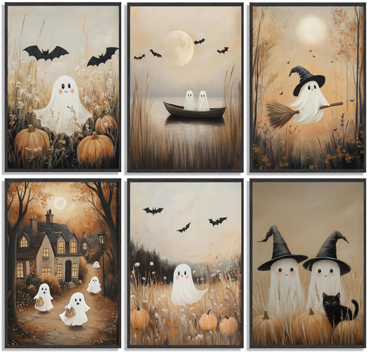6pcs Vintage Ghost Wall Art Cute Ghost Wall Decor Autumn Country Landscape Painting Picture Funny Halloween Posters Prints for Party Bedroom Living Room Gallery Decoration 8x10in Unframed