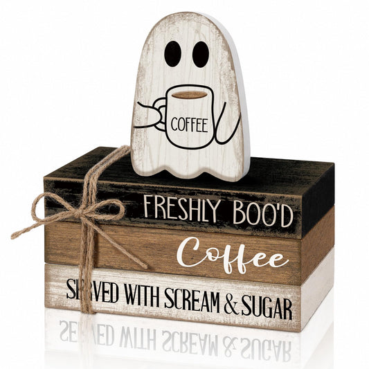 Anglechic 4 Pcs Halloween Table Decorations Halloween Ghost Tiered Tray Decorations Rustic Mini Ghost Coffee Wooden Books Centerpiece Signs for Farmhouse Office Shelf Tabletop Office Bookshelf