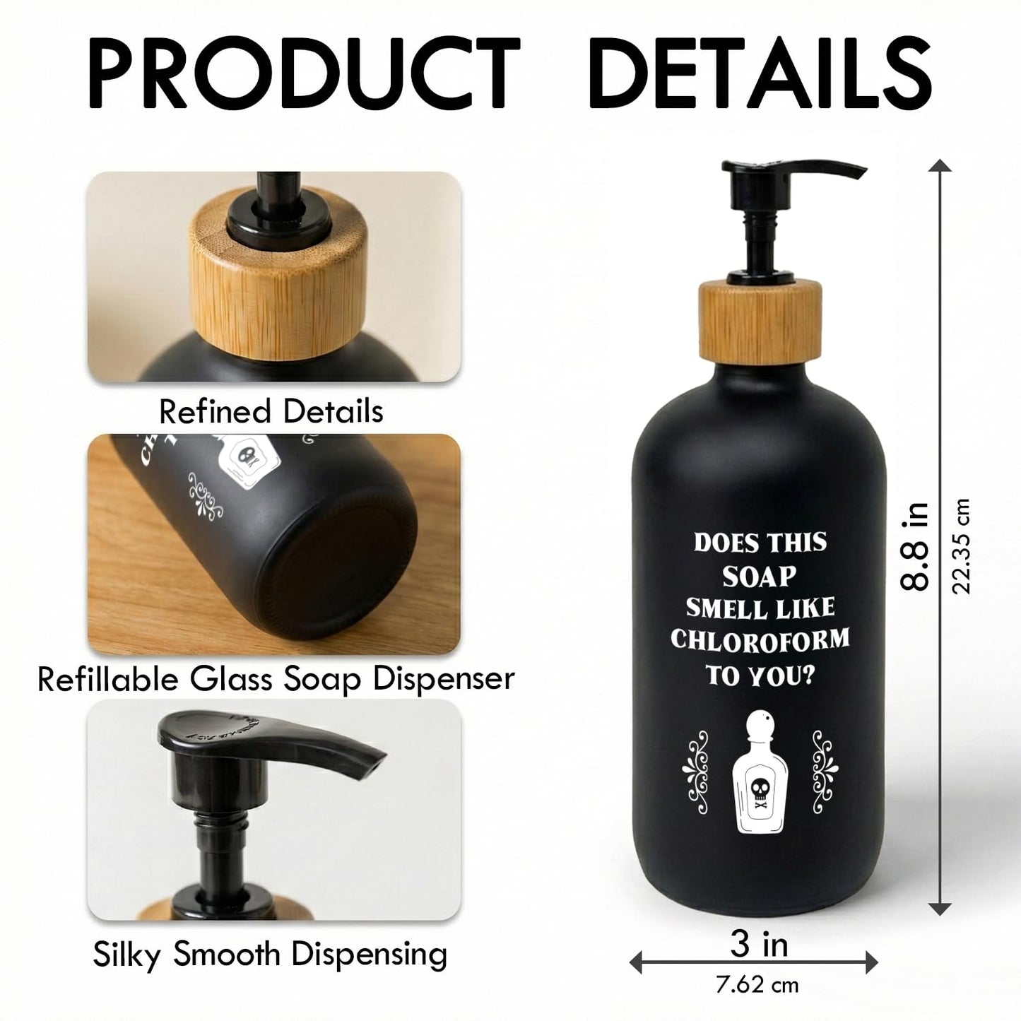 ChissNook Funny Gothic Soap Dispenser, Does This Smell Like Chloroform to You Glass Dish Soap Dispenser with Pump for Kitchen, Funny Bathroom Countertop Handsoap Refillable Container