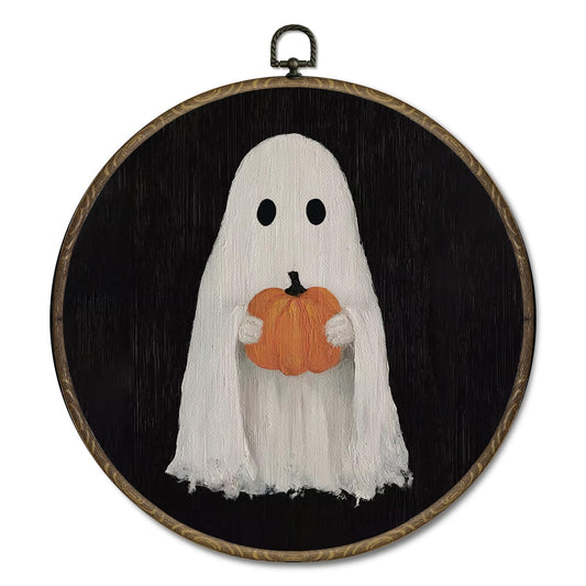 OINDADE Fall Halloween Ghost Round Wall Art Decor, Vintage Dark Moody Ghost Wall Art Hanging Decor, Fall Halloween WallArt, Rustic PumpkinGhost Framed Canvas Artwork for Living Room Home, 10x10in