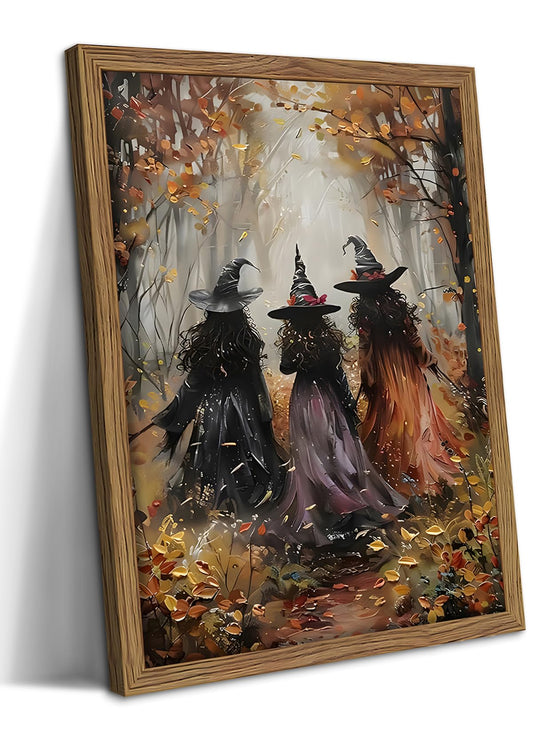 Vintage Framed Witches Halloween Wall Art, Three Witches in Autumn Forest Canvas Prints, Dark Academia Fall Nature Pictures Halloween Wall Decor for Living Room Bedroom 12x16 inch Wood Frame