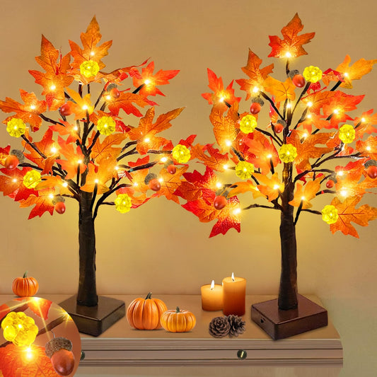 Fall Decor -2 Pack 24 Inch Prelit Fall Lighted Maple Tree 48 LED Timer Table Lights, Acorn Pumpkin Lights Battery Operated for Wedding Party Autumn Fall Decorations for Home Harvest Indoor Outdoor