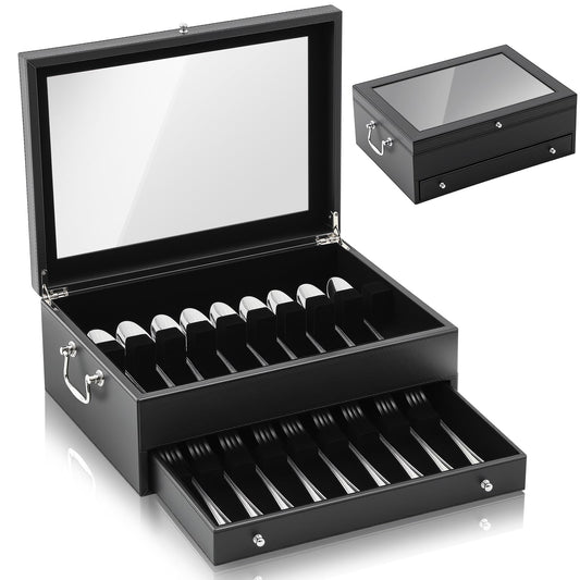 DoubleFill 2 Layer Leather Silverware Storage Box with Lid and Handles, Anti Tarnish Silverware Storage Chest Case with Felt-lined for 12-16 or More Sets of Utensils Flatware Gifts, 15.3x11.2x5.7 Inch