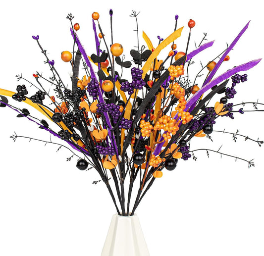 Yawwind 6 PCs Halloween Flowers Artificial 17 Inches Black Halloween Stems with Berry Branch Gothic Floral Picks for Vase Flower Arrangement Home Party Thanksgiving Harvest Decor