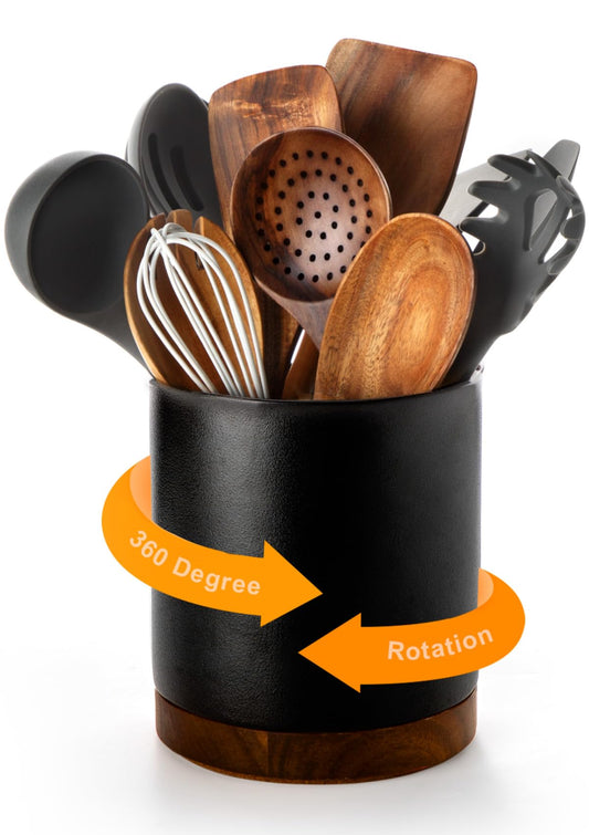 Nucookery 360°Rotating Utensil Holder, 7.2" Large Utensil Crock Countertop, Black Ceramic Cooking Utensil Organizer,Spatula Spoon Holder,Farmhouse Kitchen Decor Christmas Gift (Stone Black)