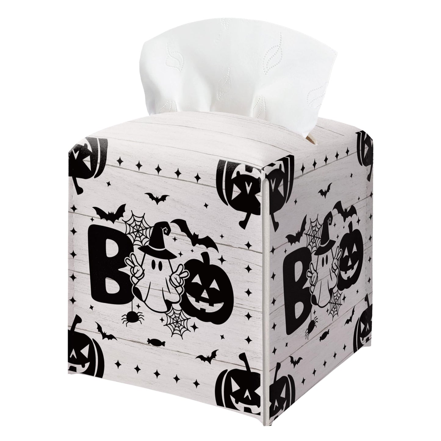 Boo Halloween Tissue Box Holder, Black Spooky Pumpkin Leather Tissue Box Cover Square, Horror Facial Paper Organizer Dispenser Toilet Paper Holder for Bathroom Kitchen Office Home Decor-A11