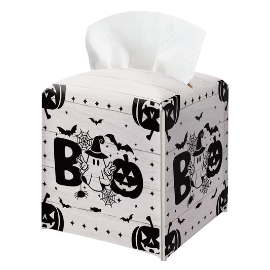 Boo Halloween Tissue Box Holder, Black Spooky Pumpkin Leather Tissue Box Cover Square, Horror Facial Paper Organizer Dispenser Toilet Paper Holder for Bathroom Kitchen Office Home Decor-A11