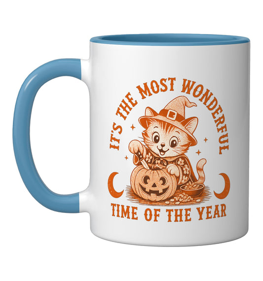 Cute Cat Carving Pumpkin Halloween Moon Witch Hat Vintage Ceramic Mug, Blue/White