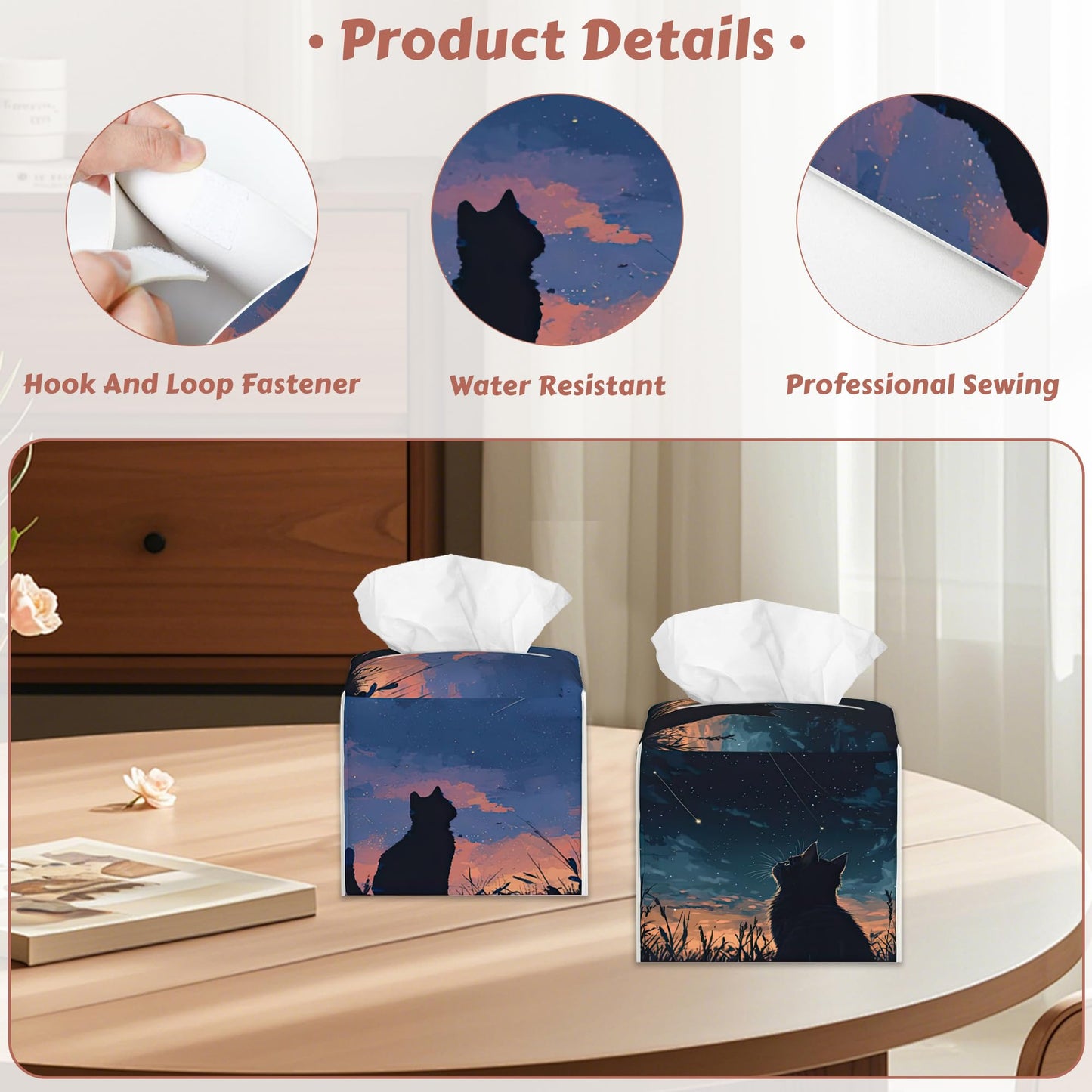 Starry Night Sky Cat Tissue Box Holder, Leather Tissue Box Cover Square, Paper Facial Decorative Tissues Cover for Bathroom Home Car Nightstand Vanity Desk, 2 Pcs
