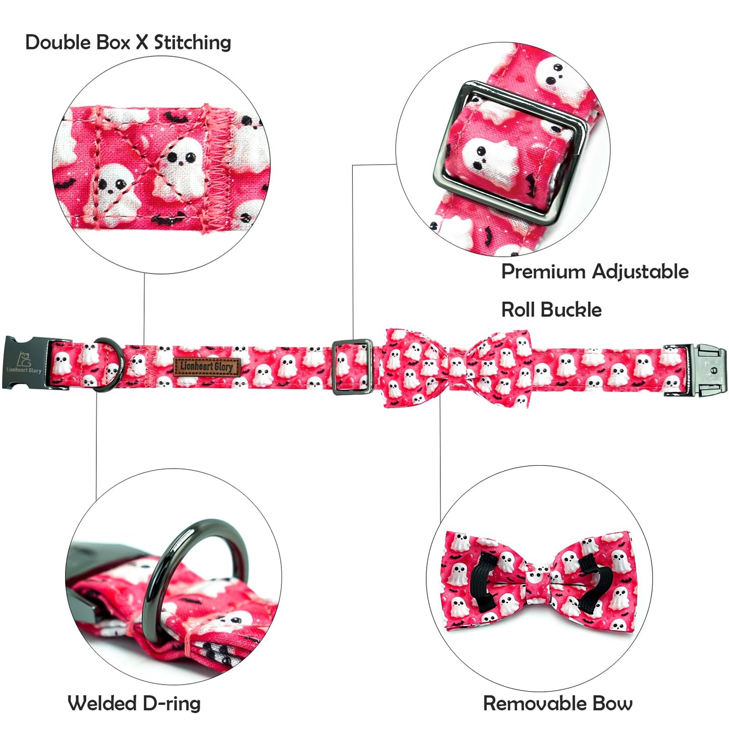 Lionheart glory Halloween Dog Collar with Bow Ghosts Fall Cute Dog Bow Collars Sturdy Soft Adjustable Collar for Small Dogs Girl or Boy Pet Bowtie Collars Party