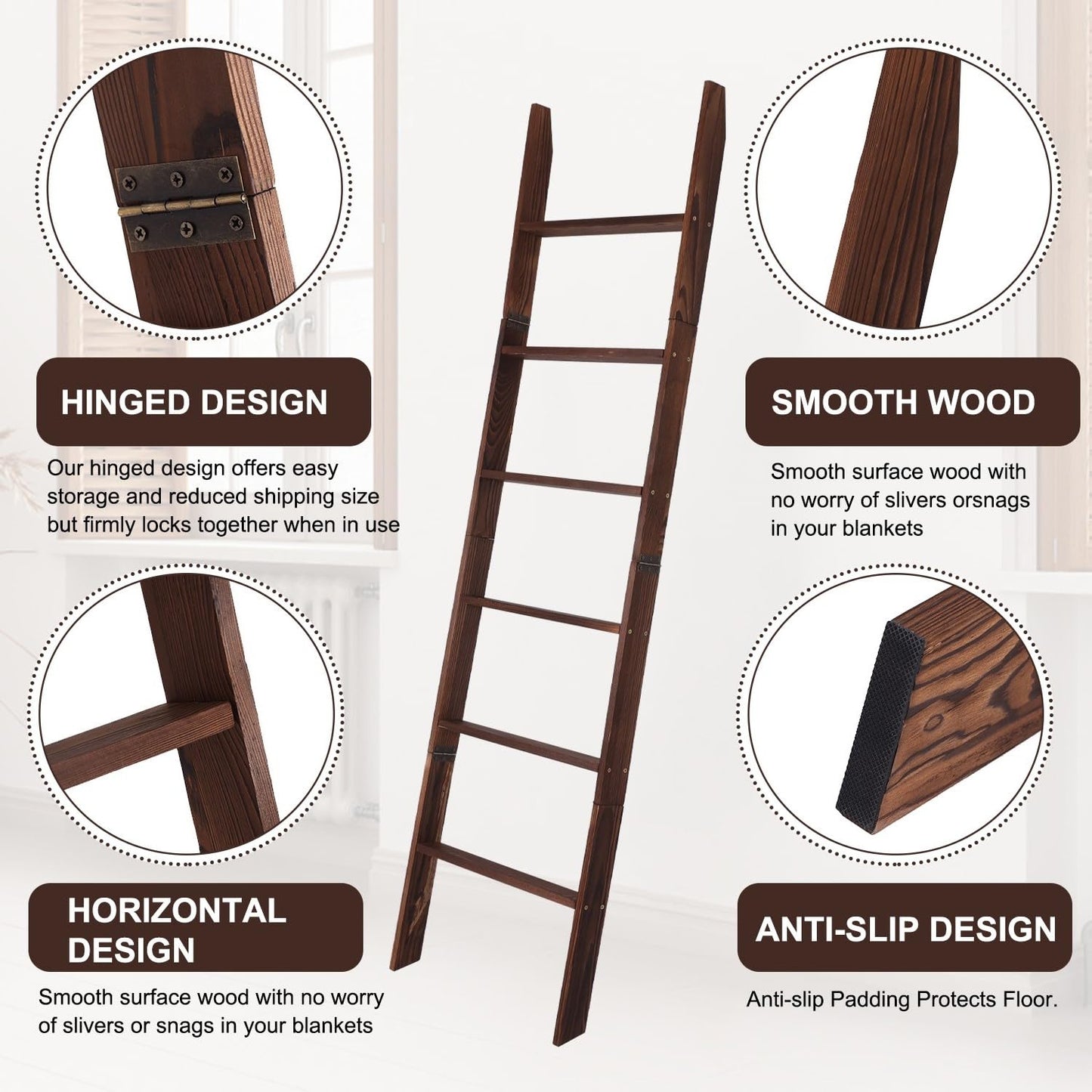 Zelbuck Blanket Ladder for Living Room and Bedroom,6-Tier Decorative Display Ladder Shelf,Ladder Rack for Storage and Decor,Wall Leaning Farmhouse Blanket Storage,Towel Rack, Bathroom,Brown