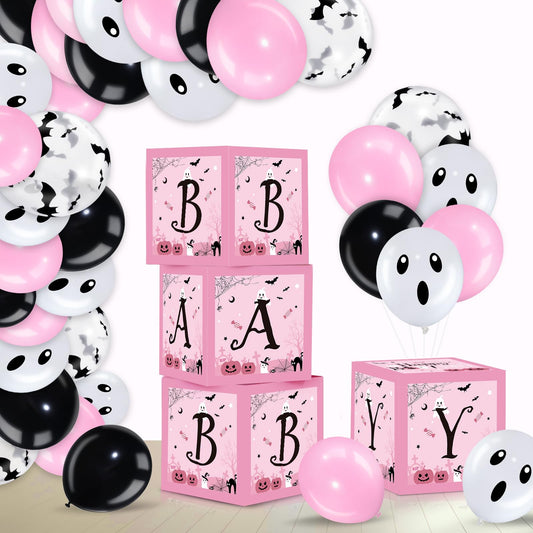 Hiboom 74 Pcs Halloween Balloon Boxes Baby Shower Decorations Pink and Black Halloween Baby Blocks Latex Balloons Garland Arch Kit for Baby Girls Happy Boo Day Birthday Party Supplies Photography Prop