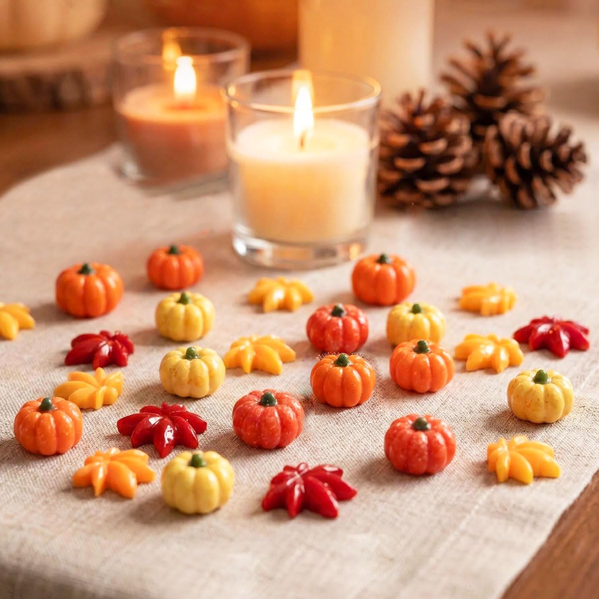 100Pcs Mini Pumpkins Maple Leaf Miniature Figurines, Tiny Resin Pumpkins Thanksgiving Leaves Ornaments Bulk for DIY Crafts Thanksgiving Halloween Fall Vase Filler Home Indoor Outdoor Party Decorations