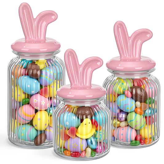 Potchen Easter Glass Jars with Airtight Lids Set of 3, 22oz, 34oz & 44oz Large Cookie Jar Set, Clear Candy Storage Canisters for Easter Party Gift Table & Countertop Decoration