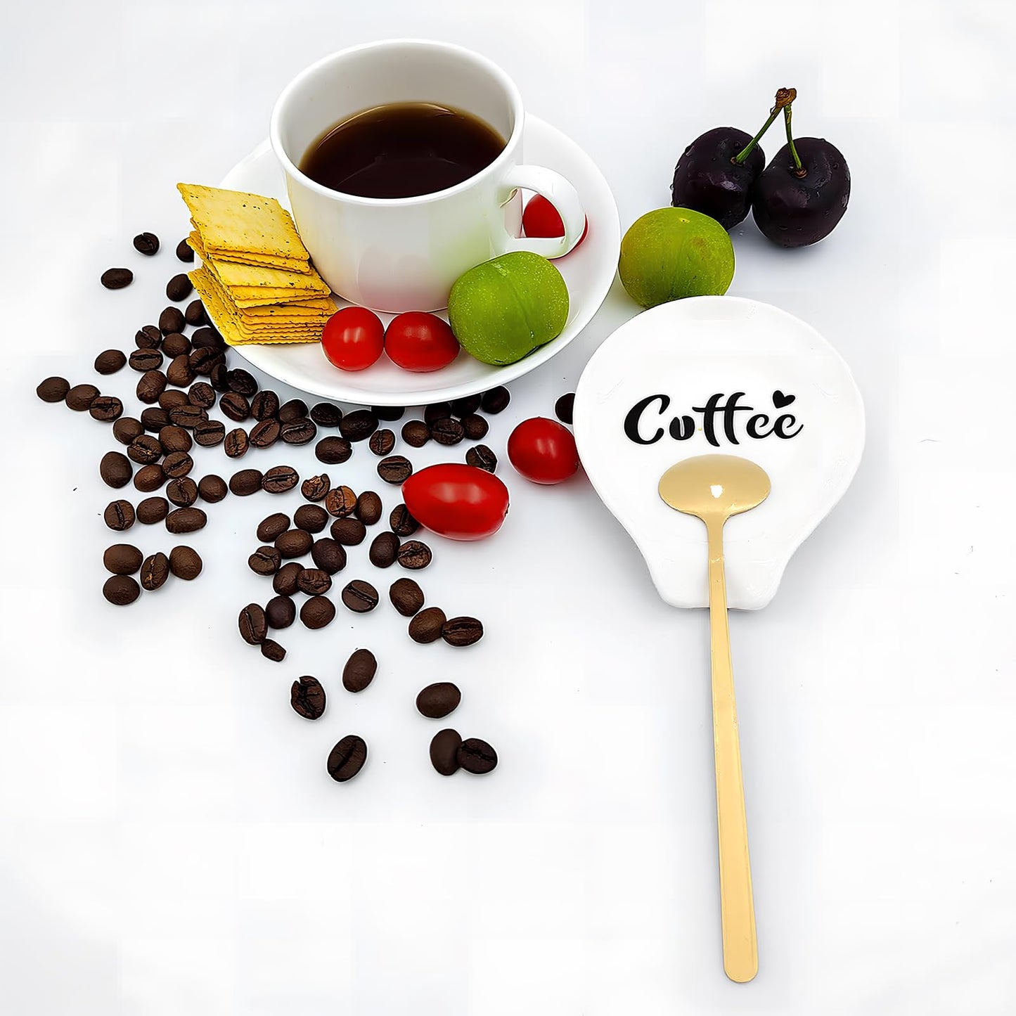 Coffee Spoon Rest Set of 2, Monogram Ceramic Spoon Holder with Matching Coffee Spoons, Cute Spoon Rest for Kitchen & Coffee Bar, Thoughtful Gift for Coffee Lovers, Anniversary & Friends