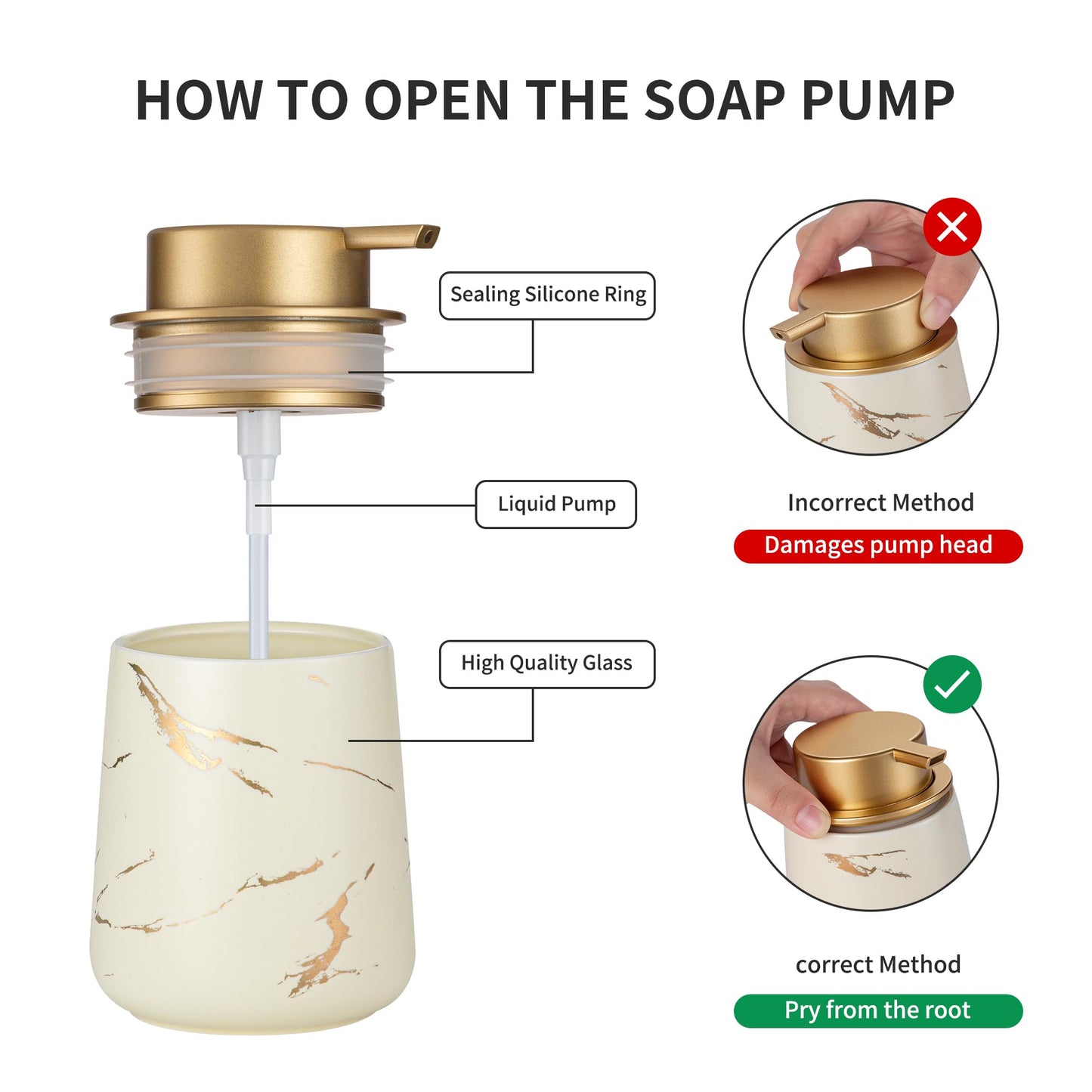 Enra Ceramic Gold Soap Dispenser, 12 oz Modern Liquid Hand Soap Dispenser for Bathroom Kitchen with Easy-to-Press(Gold Liquid Type-Beige)