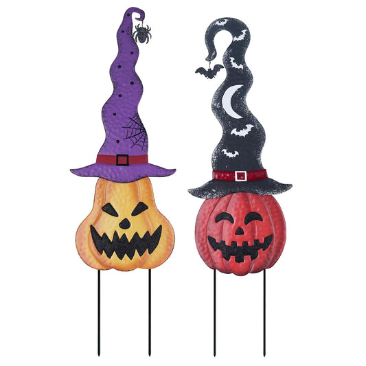 YEAHOME Halloween Decorations Outdoor, Set of 2 Pumpkin Garden Stakes with Witch Hats for Halloween Decor, Jack o' Lantern Metal Pumpkin Yard Signs for Outside Garden Lawn Patio Party Decorations