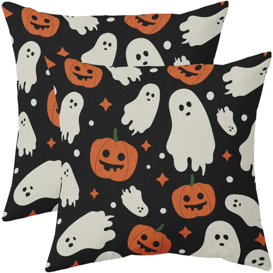 Robvobe Halloween Pillow Covers 22x22 Set of 2 Cute Ghost Pumpkin Print Outdoor Decorative Throw Pillows Halloween Scary Themed Farmhouse Pillowcases Linen Cushion Case Decor for Home Sofa Couch Bed