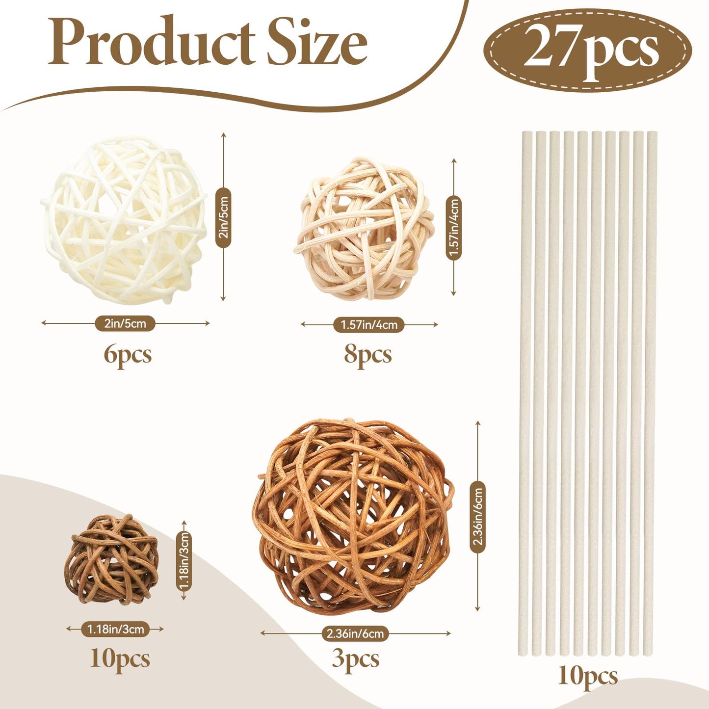 Taopk Ensk 27PCS Woven Rattan Decorative Balls, 2.4" Wicker Orbs for Bowl Centerpieces & Vase Fillers, Neutral Brown & White Decorative Spheres for Coffee Table Tray, Home Wedding Decoration