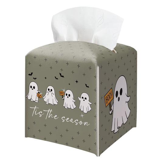 Halloween Tis The Season Tissue Box Holder, Cute Ghost Leather Tissue Box Cover Square, Cute Facial Paper Organizer Dispenser Toilet Paper Holder for Bathroom Kitchen Office Home Decor-A05