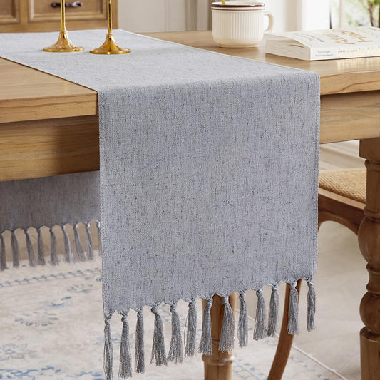 Aoztio Linen Style Rustic Table Runner, Farmhouse Cotton Linen Table Runner, Boho Table Runners 90 Inches Long with Hand Tassels for Home Tabletop Decor and Everyday Use - Silver Grey, 90 Inch