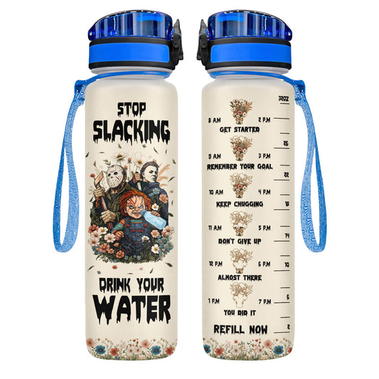 34HD Horror Movie Icons Water Bottle with Time Marker & Straw 32 oz, Horror Mask Birthday Gifts for Fans, Spooky Scary Merchandise Aesthetic Halloween Water Tracker Bottle