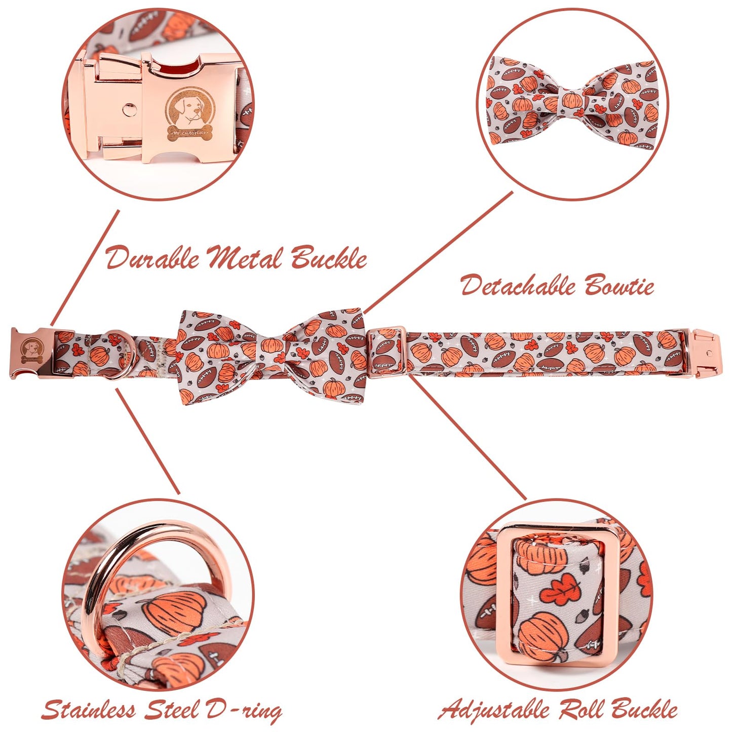 MR.CHUBBYFACE Halloween Dog Collar, Cute Halloween Pumpkin Football Fall Puppy Collar with Bowtie, Adjustable Cotton Pet Collar with Metal Buckle for Small Medium Large Dog