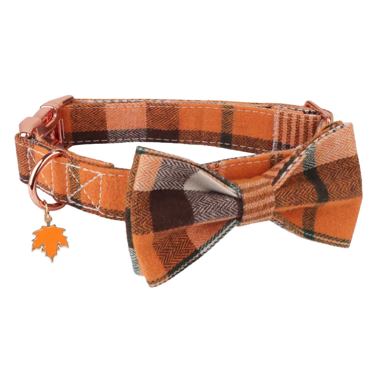 ADOGGYGO Fall Dog Collar with Bow, Detachable Plaid Halloween Thanksgiving Bowtie, Metal Buckle, Adjustable Orange Plaid Fall Collars for Medium Dogs Boy Girl (Medium)