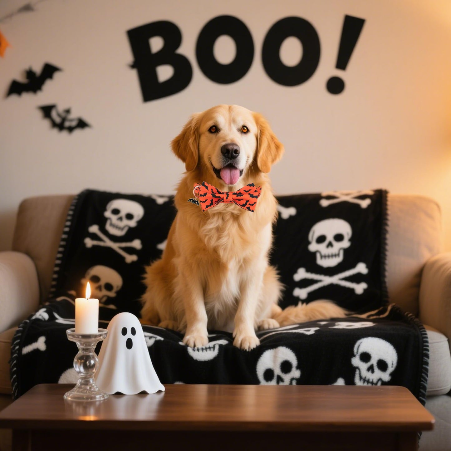 ADOGGYGO Halloween Dog Collar with Bow, Detachable Bat Print Bowtie Charm, Metal Buckle, Adjustable Orange Halloween Collars for Large Dogs Boy Girl (Large)