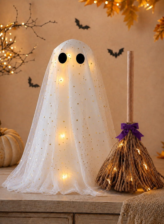 Halloween Decorations Ghost and Witch Broom Set, Lighted Halloween Fall Decor for Mantel, Shelf, Fireplace, Entryway, Tabletop Display, Cute Spooky Indoor Home Decor