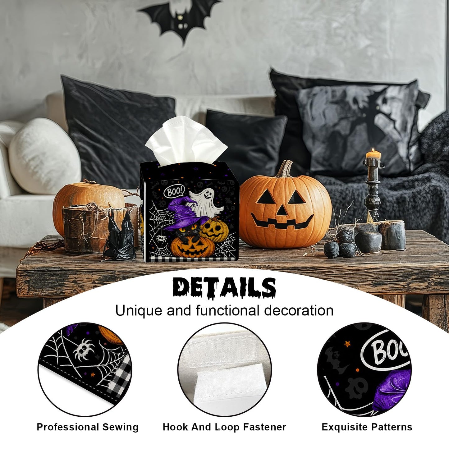 Halloween Tissue Box Cover Square, Black Cat Decorative Tissue Box Holder Facial Paper Organizer Dispenser for Bathroom Kitchen Bedroom Vanity Countertop Nightstands, Halloween Party Decoration/003