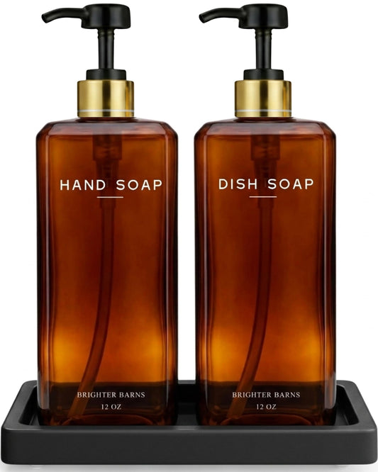 Amber Glass Hand and Dish Soap Dispenser Set by Brighter Barns - Kitchen Soap Dispenser Set with Tray and Pump for Kitchen Sink - Organic Modern Home Decor for Airbnb, Restaurant, Hotel, Gifts (Amber)