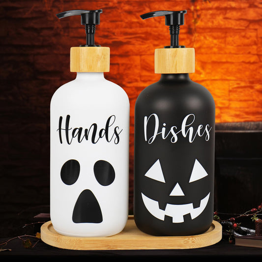 JarThenaAMCS 2Pcs Halloween Soap Dispenser Ghost Pumpkin Face Hand and Dish Glass Dispenser with Pump 16 Oz Refillable White Black Liquid Soap Container for Kitchen Bathroom