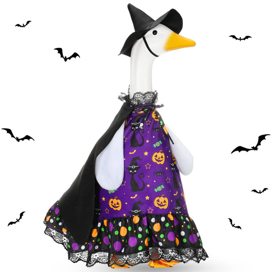 Shyyween Halloween Porch Goose Outfit Set for 23'' Plastic Lawn Goose Statue Clothes Witch Skirt Halloween Costume for Outdoor Patio Yard Lawn Art Decor