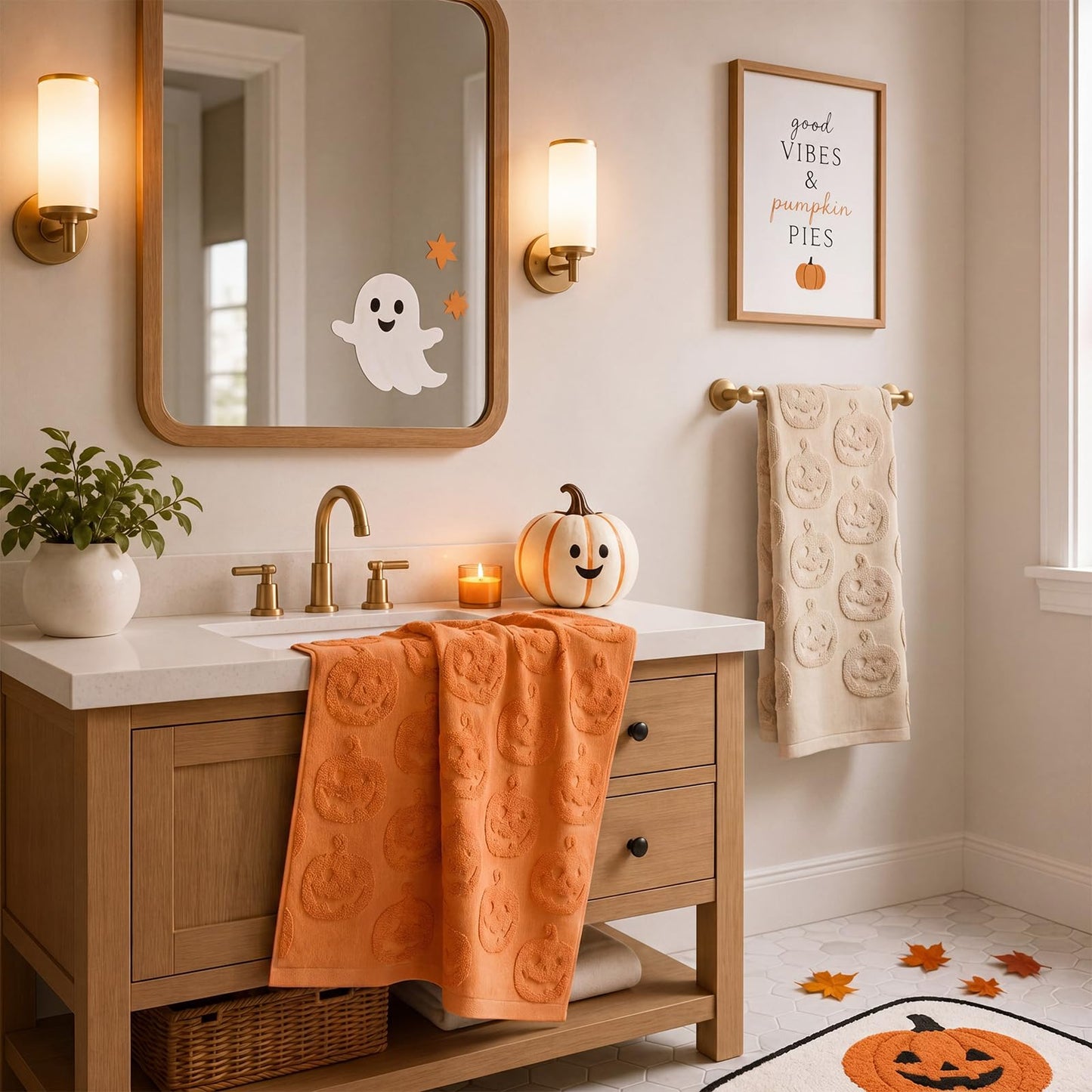 Remagr 3 Pcs Halloween Hand Towels Set for Bathroom Spooky Pumpkin Decor 100% Cotton Jacquard Bath Towels 29.5 x 13.8 Inch Orange Black White Soft Kitchen Towel Gift for Home Bathroom Fall Decor