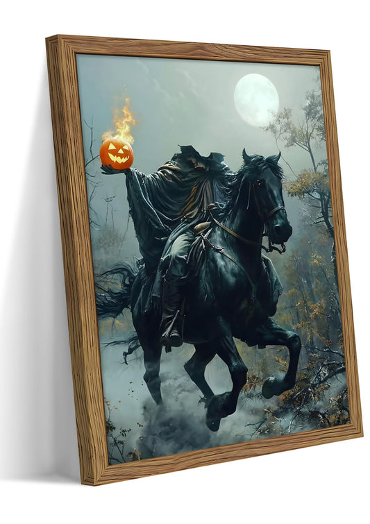 Vintage Framed Halloween Wall Art, Gothic Headless Horseman Pumpkin Picture Poster, Spooky Fall Forest Canvas Prints, Dark Academia Halloween Wall Decor for Living Room Bedroom 8x10 inch